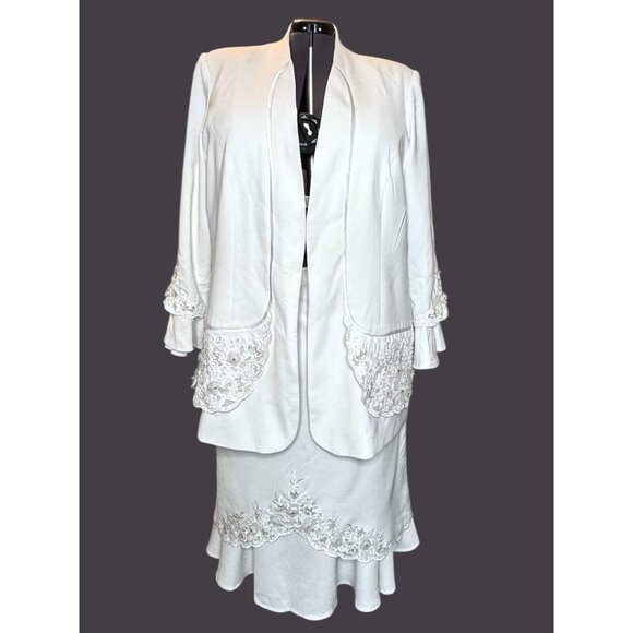 Harmony New York Elegant White 2-Piece Suit  Jacket & Skirt with Embroidered Det - Picture 8 of 14